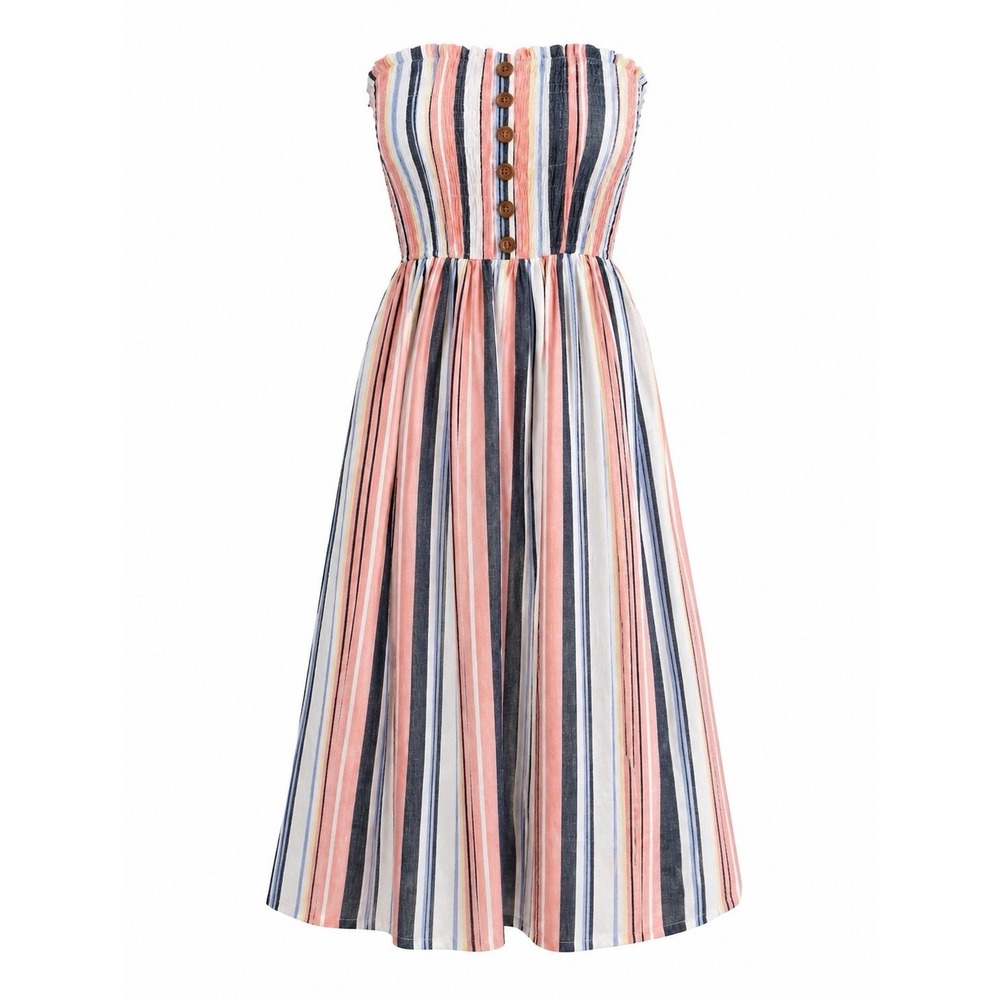 Free People Large Lilah Cotton Multi Striped Pleated Dress Lined Strapless (144)